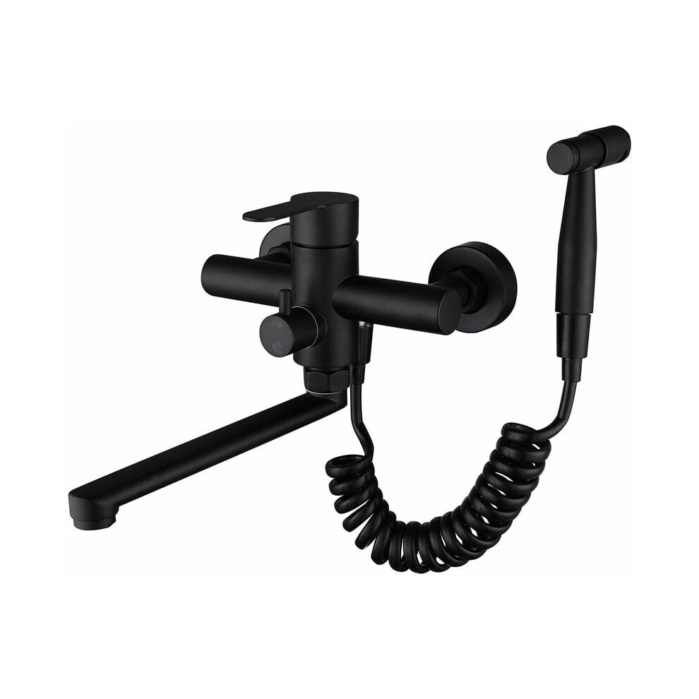 Black Wall Mounted Faucet, Wall Mounted Kitchen Faucet, Food Grade with Spray Gun and Water Jet Sink 360 Swivel Wall Mounted Mixer Tap