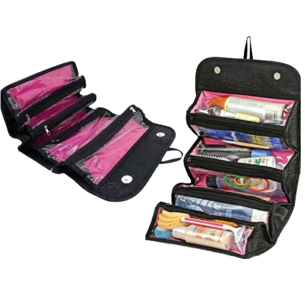 Black 3-Pack Makeup Bag Cosmetic Hanging Organizer Roll N Go Roll Up Foldable Clear Case Organizer Multifunction Large Capacity For Cosmetics, Jewelry