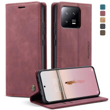 (Red) Flip Case for Xiaomi 13 Vintage Pu Leather Wallet Magnetic Closure Shockproof Case Card Slot Kickstand Flip Folio Book