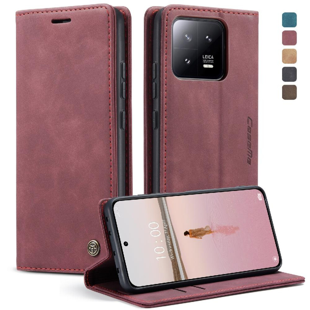 (Red) Flip Case For Xiaomi 13 Vintage Pu Leather Wallet Magnetic Closure Shockproof Case Card Slot Kickstand Flip Folio Book Red 764549482351