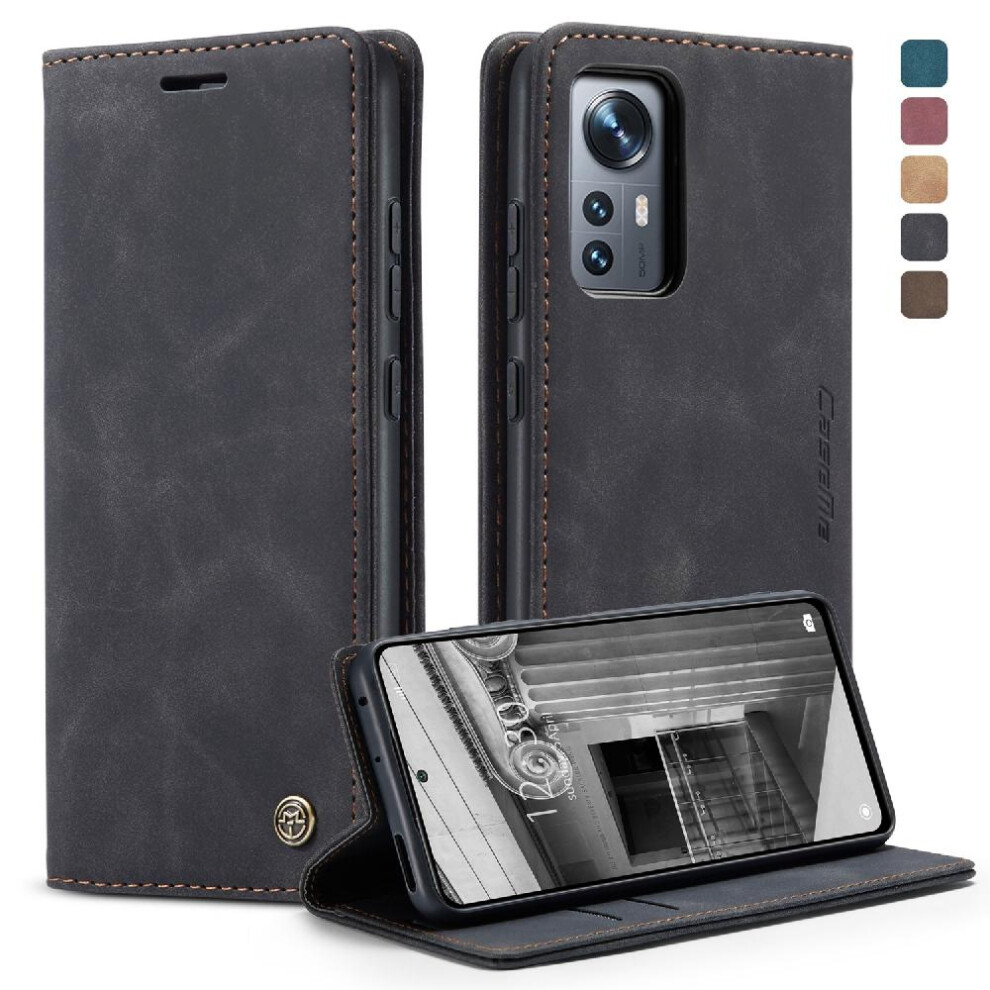 (Black) Flip Case For Xiaomi 12/12X/12S Case Card Slot Kickstand Vintage Pu Leather Wallet Magnetic Closure Shockproof Flip Folio Book Black 764549482443