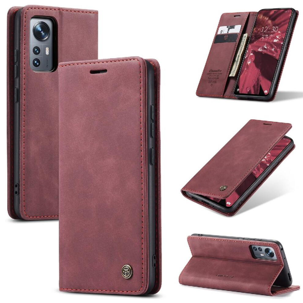 (Red) Flip Case For Xiaomi 12/12X/12S Case Card Slot Kickstand Vintage Pu Leather Wallet Magnetic Closure Shockproof Flip Folio Book Red 764549482405