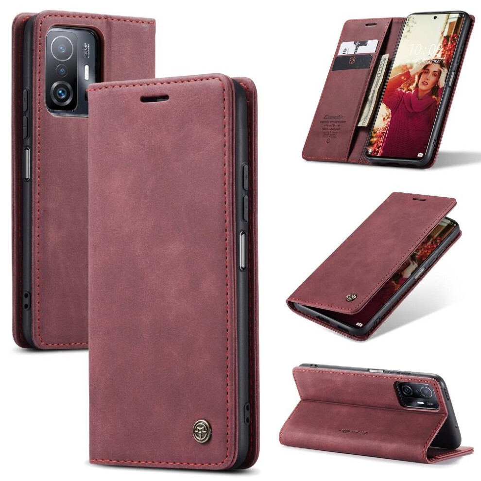 (Red) Flip Case For Xiaomi 11T/11T Pro Magnetic Closure Shockproof Vintage Pu Leather Wallet Case Card Slot Kickstand Flip Folio Book Red 764549482504