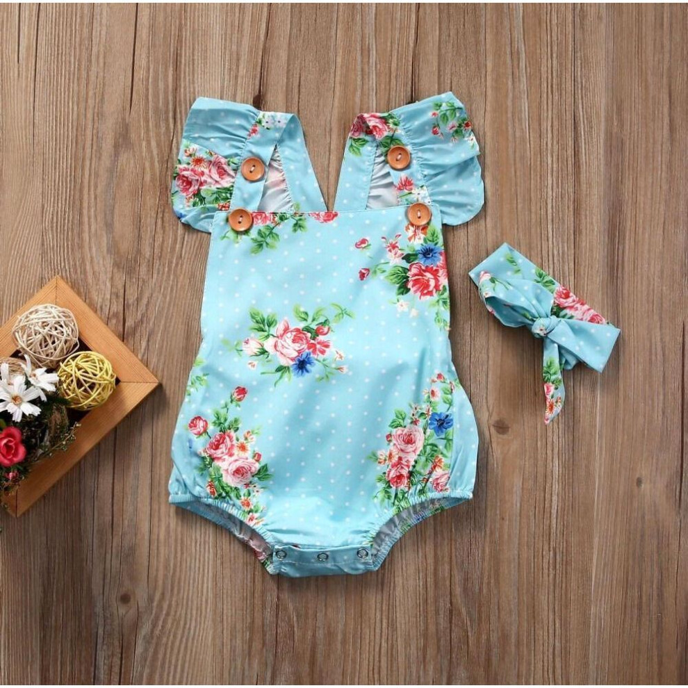 (lake blue, 12-18m) 2pcs/set Baby Girls Clothing Set Newborn Baby Girls Floral One-pieces Romper Sunsuit Headband Clothes Set 0-24m