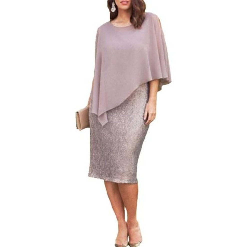 (beige, M) Lady Petticoats Plus Size Elegant Women Plus Size O-neck Chiffon Patchwork Double Layer Midi Pencil Dress