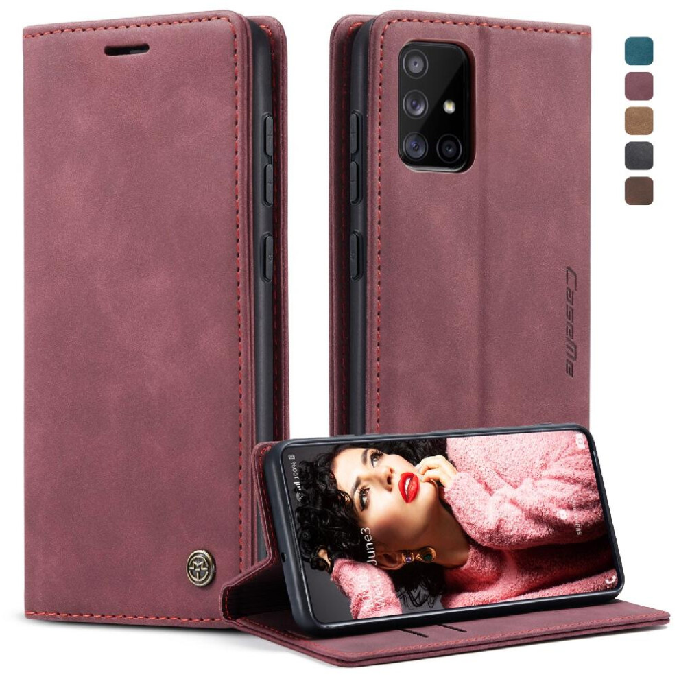 (Red) Flip Case For Samsung Galaxy A71 4G Magnetic Closure Shockproof Flip Folio Book Case Card Slot Kickstand Vintage Pu Leather Wallet Red 764549484867
