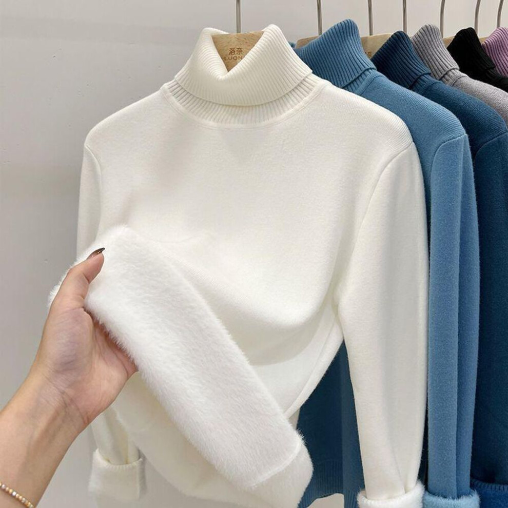(L, white) Women&apos;s Thicken Turtleneck Sweater Korean Fashion Lined Warm Knitted Bottoming Shirt Slim Tops Winter Knitwear Casual Pullover