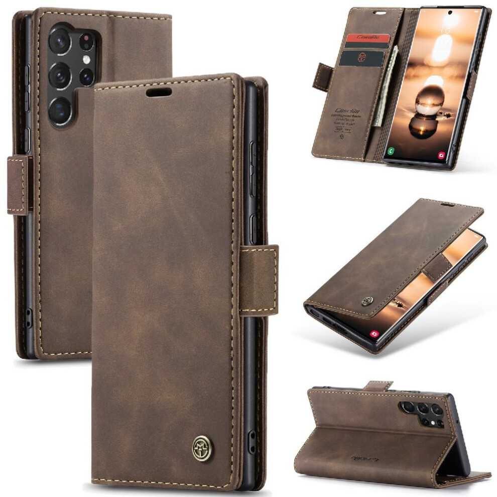 (Brown) Flip Case For Samsung Galaxy S23 Ultra Magnetic Closure Shockproof Vintage Pu Leather Wallet Flip Folio Book Case Card Slot Kickstand Brown 764549485895