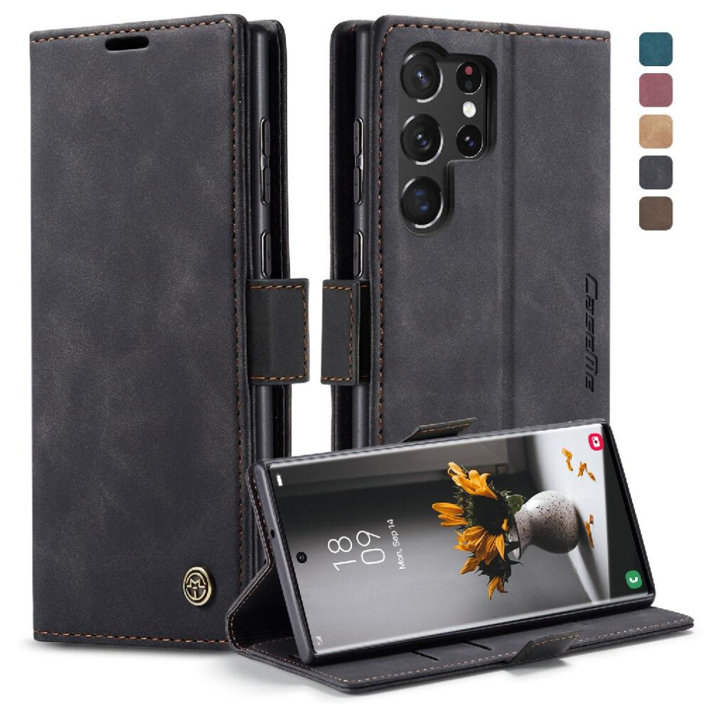 (Black) Flip Case For Samsung Galaxy S23 Ultra Magnetic Closure Shockproof Vintage Pu Leather Wallet Flip Folio Book Case Card Slot Kickstand Black 764549485901