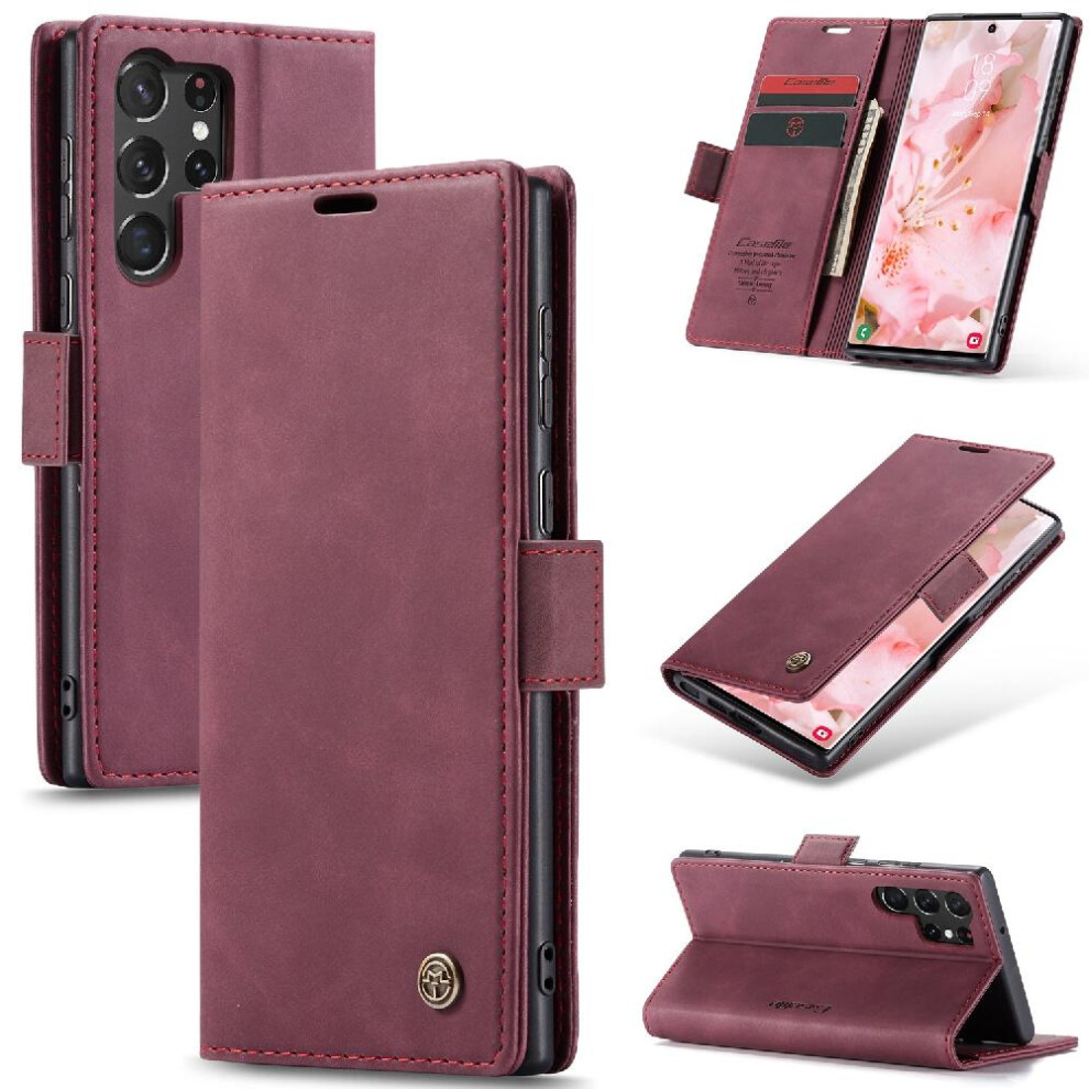 (Red) Flip Case For Samsung Galaxy S23 Ultra Magnetic Closure Shockproof Vintage Pu Leather Wallet Flip Folio Book Case Card Slot Kickstand Red 764549485864