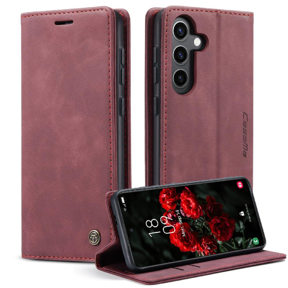 (Red) Flip Case For Samsung Galaxy S24 Flip Folio Book Case Card Slot Kickstand Vintage Pu Leather Wallet Magnetic Closure Shockproof Red 764549486113