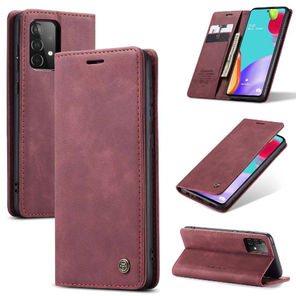 (Red) Flip Case For Samsung Galaxy A52s 5G Magnetic Closure Shockproof Flip Folio Book Vintage Pu Leather Wallet Case Card Slot Kickstand Red 764549486267