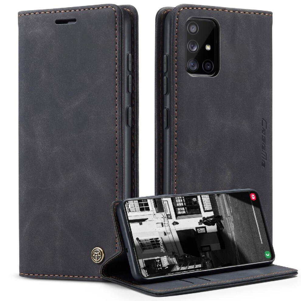(Black) Flip Case For Samsung Galaxy A51 4G Magnetic Closure Shockproof Vintage Pu Leather Wallet Case Card Slot Kickstand Flip Folio Book Black 764549486403