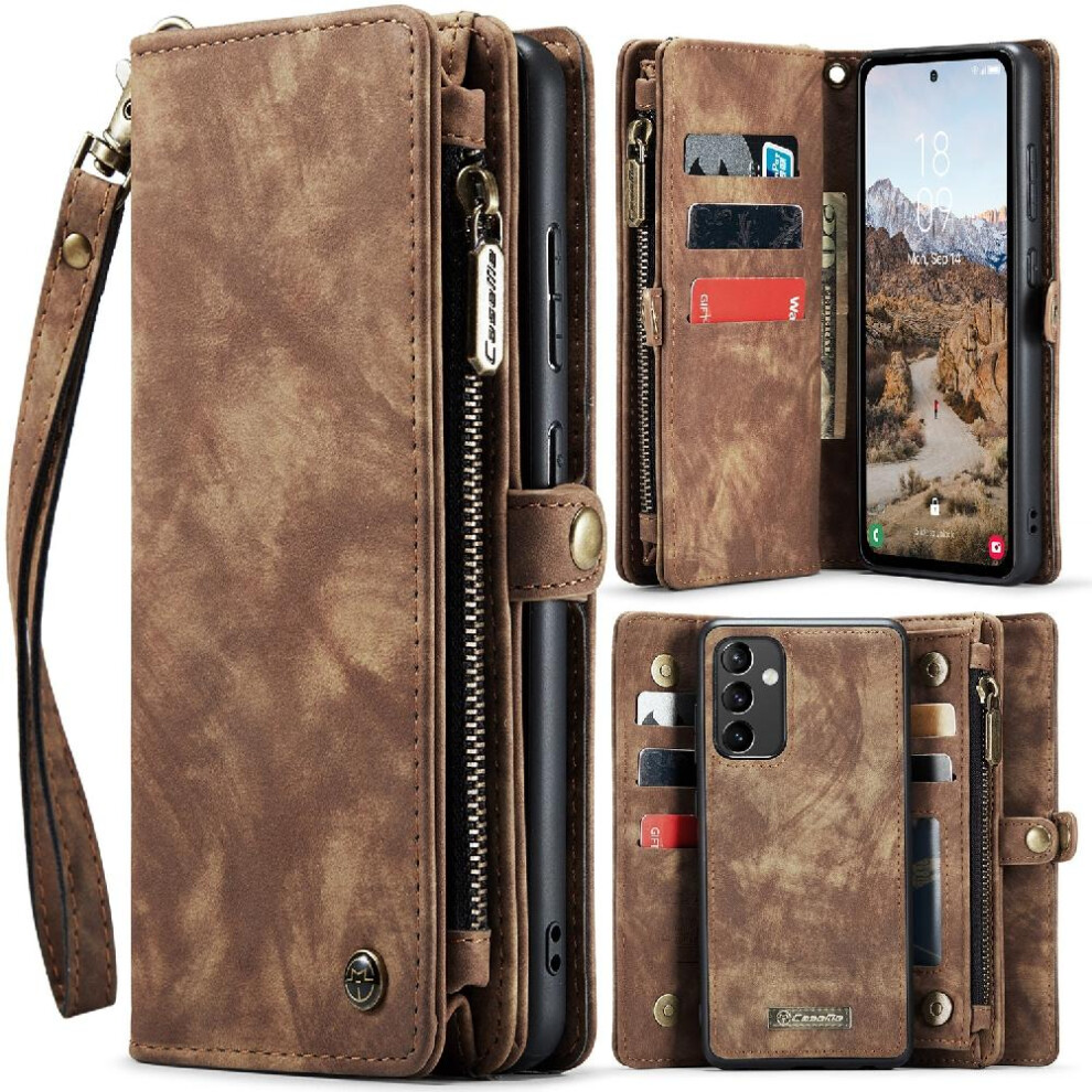 (Brown) Case For Samsung Galaxy A54 5G Tpu Pc Handmade Leather Zipper Wallet Cover Trifold With Strong Magnetic Detachable Card Holder Brown 764549487622