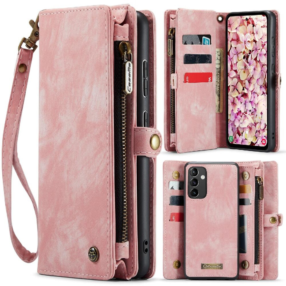 (Pink) Case For Samsung Galaxy A54 5G Tpu Pc Handmade Leather Zipper Wallet Cover Trifold With Strong Magnetic Detachable Card Holder Pink 764549487653
