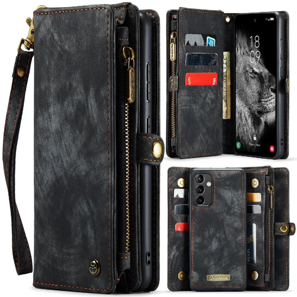 (Black) Case For Samsung Galaxy A54 5G Tpu Pc Handmade Leather Zipper Wallet Cover Trifold With Strong Magnetic Detachable Card Holder Black 764549487639