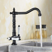 Vintage Kitchen Mixer Tap Retro Sink Faucet 2 Handles Adjustable Hot and Cold 360 Rotatable Black