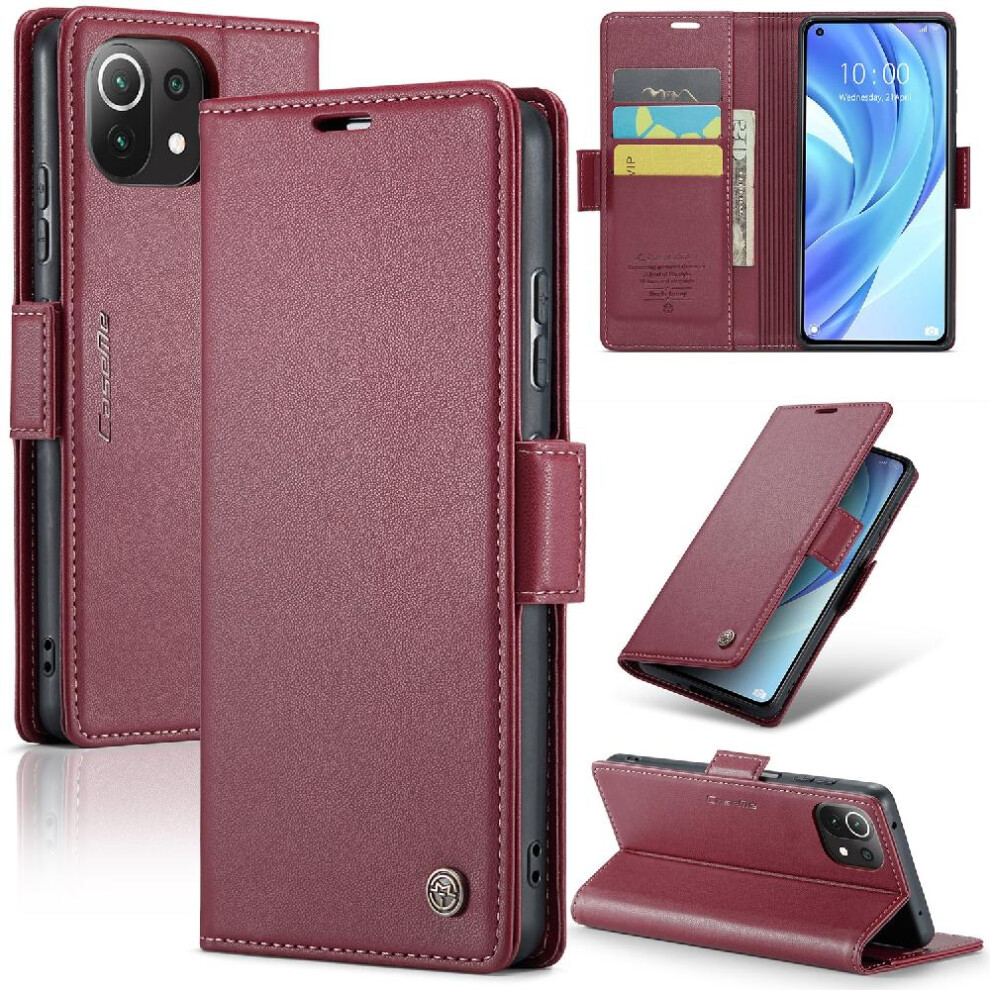 (Red) Caseme Case For Xiaomi 11 Lite Card Slot Wallet Case Kickstand Anti Fraud Shockproof Case Red 764549488735