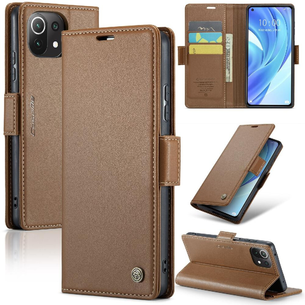 (Brown) Caseme Case For Xiaomi 11 Lite Card Slot Wallet Case Kickstand Anti Fraud Shockproof Case Brown 764549488711