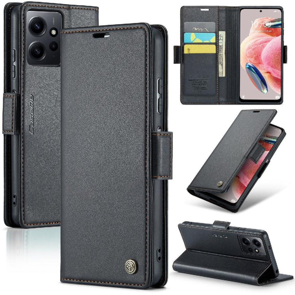 (Black) Caseme Case For Xiaomi Redmi Note 12 4G Wallet Case Kickstand Anti Fraud Shockproof Case Card Slot Black 764549489206