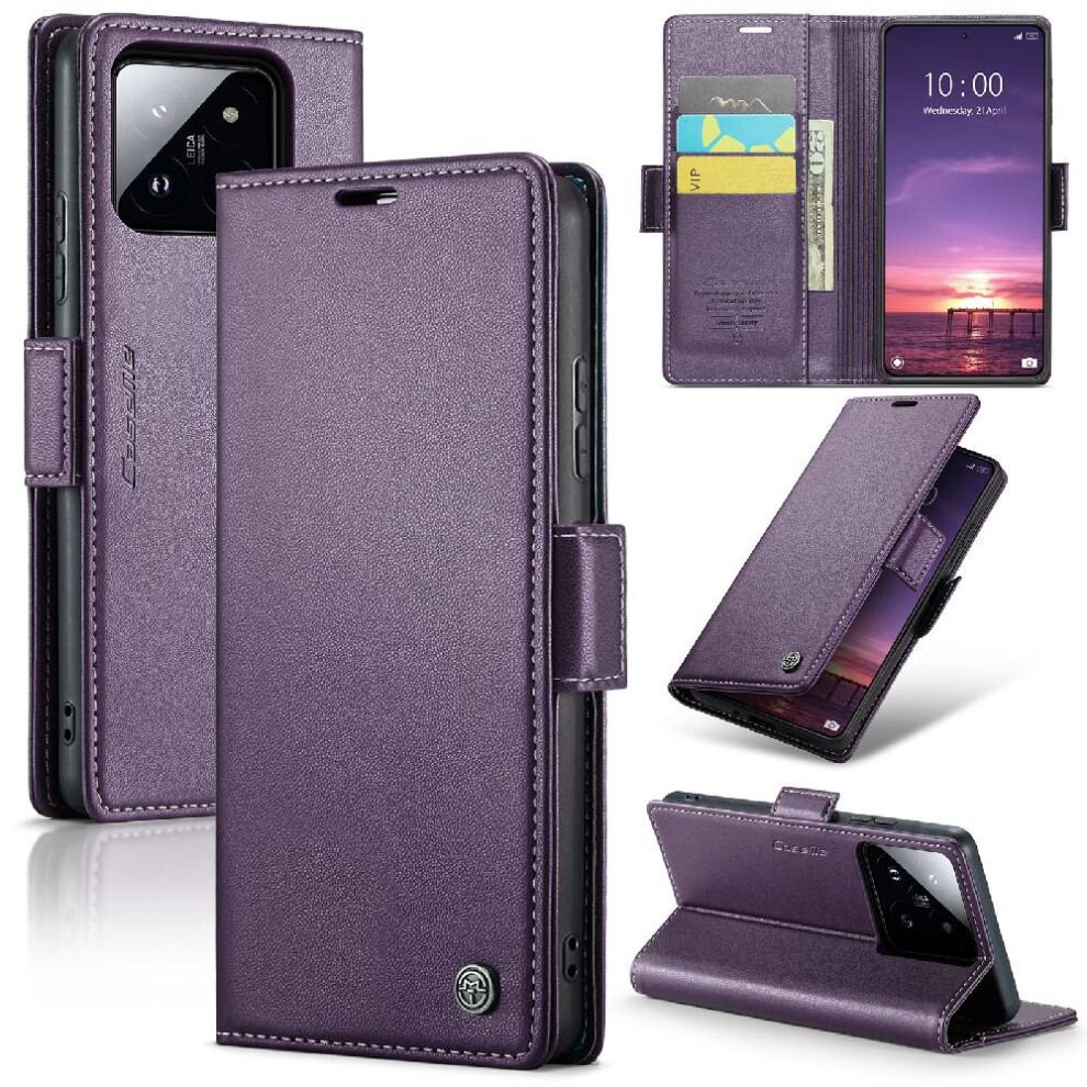 (Purple) Caseme Case For Xiaomi 14 Shockproof Case Kickstand Card Slot Anti Fraud Wallet Case Purple 764549490721