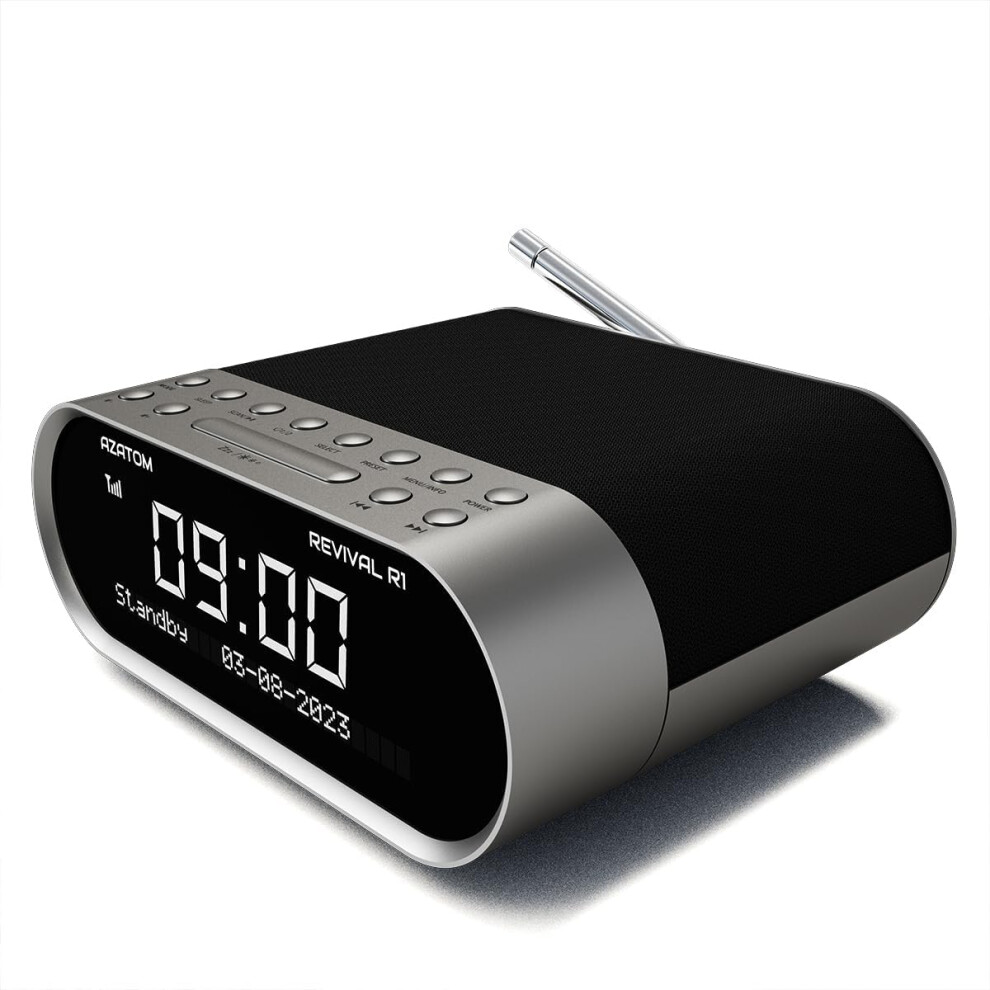 R1 Silver DAB  Digital & FM Clock Radio – Bluetooth, Dual Alarm, Sleep Timer, USB Charging, AUX & Headphone Input