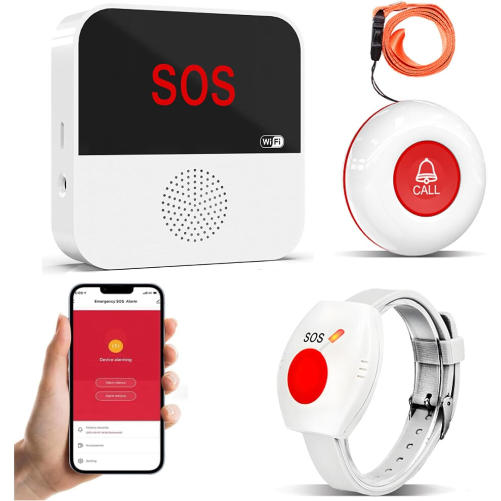 (White 2-1(rechargeable)) Smart Wireless Caregiver Pager Panic Button Linked To Phone,Personal Alarms For Elderly Linked To Phone 1*Rechargable Receiver 2*Call Button