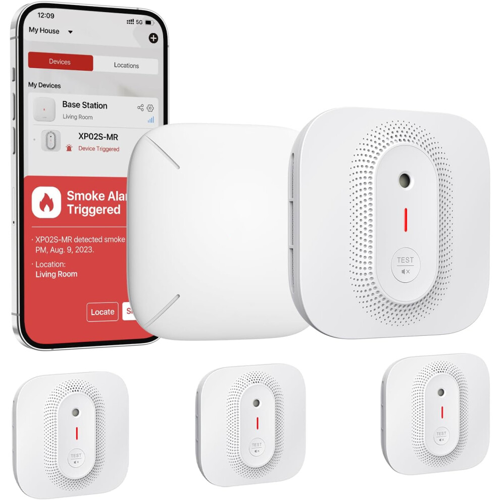 (3 Smoke Alarms & 1 Base Station, 2.4 GHz Wi-Fi Connection via Base Station) Wireless Interlinked Smart Smoke Alarm with English Voice Alarm and Location, Replaceable Battery, Transmission Range of 500 m, XP02S-MR31