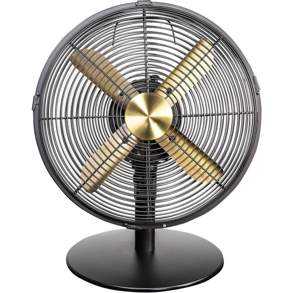(Black & Gold) 12” Metal Desk Fan in Brushed Gold and Black, 3 Speed Settings, Lightweight and Compact, Tilt and Oscillating Features, 4 Curved Blades