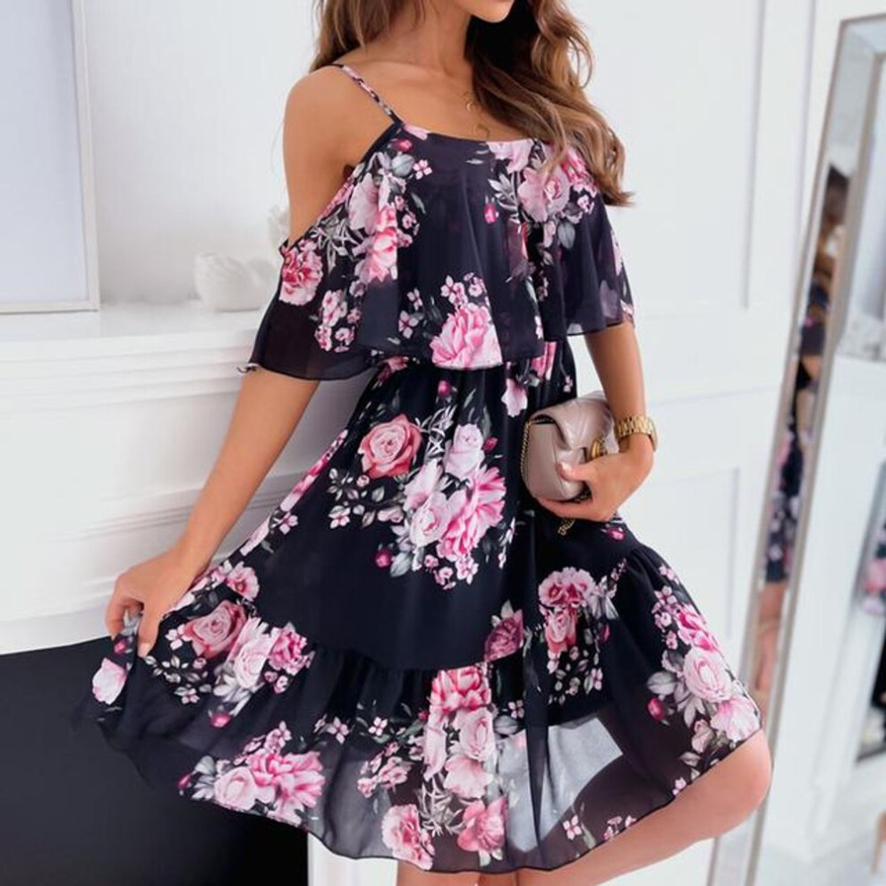 (black, XL) Dress Woman Summer Print Floral Spaghetti Strap Fashion Off Shoulder Beach Holiday Sundress Sweet A-line Mesh Fabric