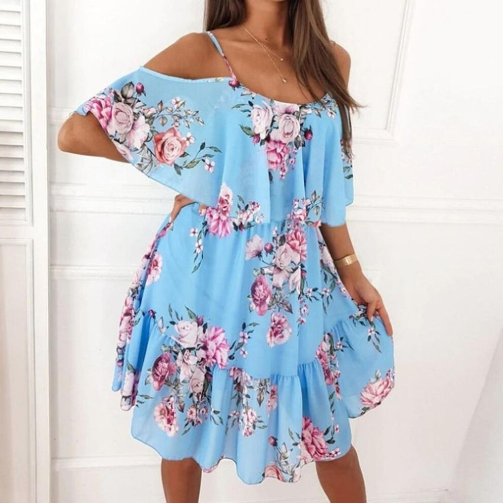 (blue, M) Dress Woman Summer Print Floral Spaghetti Strap Fashion Off Shoulder Beach Holiday Sundress Sweet A-line Mesh Fabric