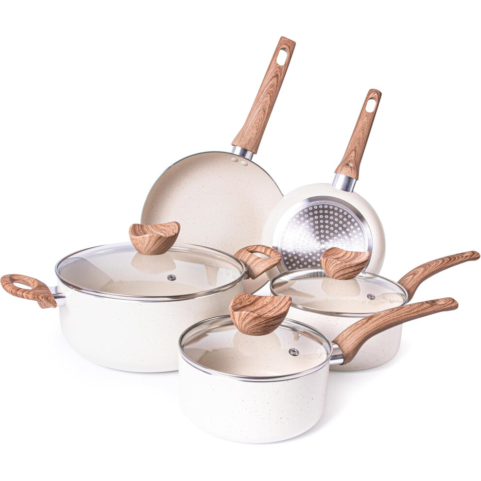 (8Pcs, Granite) Nonstick Cookware Set - Induction Cookware Set - 5 Piece Kitchen Cookware Set With Lids Color - Cooking Granite Saucepan A Cream