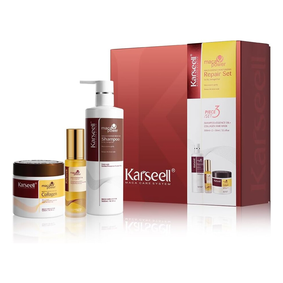 Karseell Maca Essence Moisturizing Repair Set 3Pcs | Collagen Hair Mask, Shampoo & Maca Essence Oil | Argan Oil Hair Treatment for Dry Damaged Hair