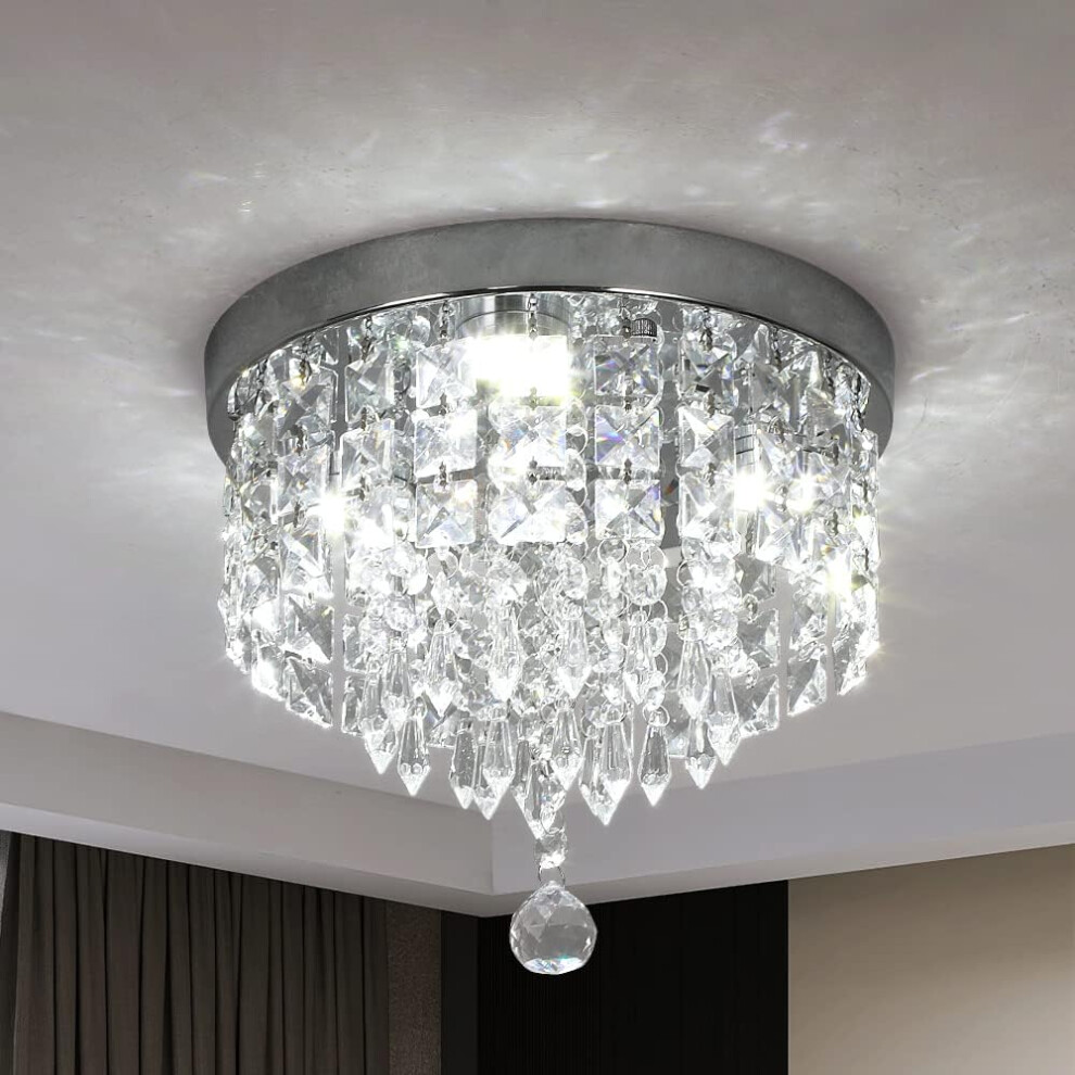 (Dia 25cm, Cool White-c) Crystal Chandelier Modern LED Ceiling Shallow Flush Mount Stainless Steel Fixture Beaded Light Shade