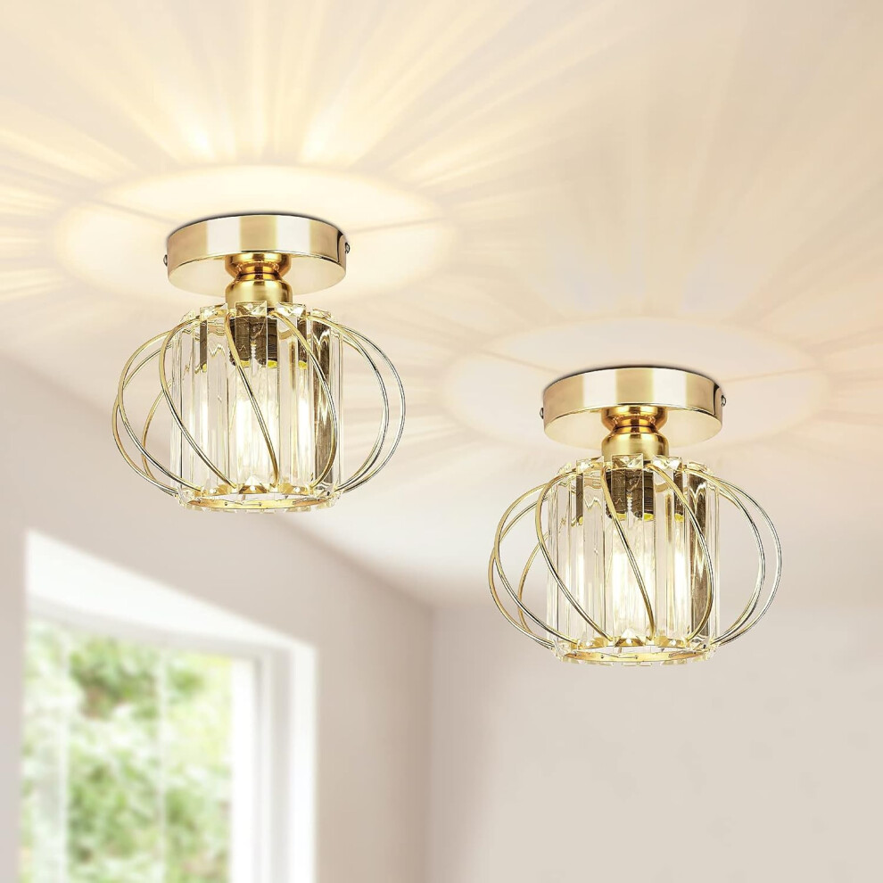 (7.48-Inch, 2-pack Gold Ceiling Light) Modern Crystal Ceiling Light Fixtures - Industrial 2 Pack Mini Semi Flush Fixed Ceiling Lighting LED Crystal Chandelier