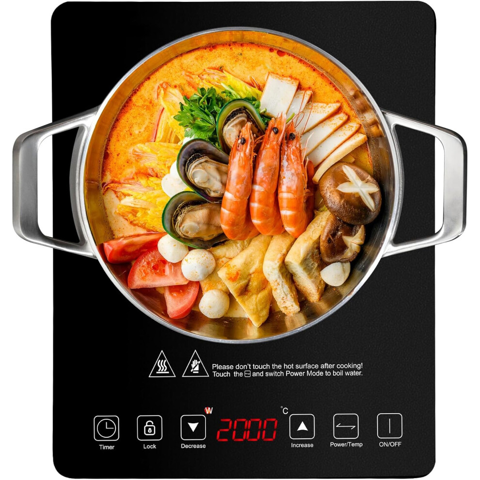(28 x 35 x 4.4.5 cm) Single Induction Hob, 2000W Induction Cooker with Slim Design of 4.45cm, 20 Power Levels and 20 Temperature Settings, Fashionable Black Glass Panel