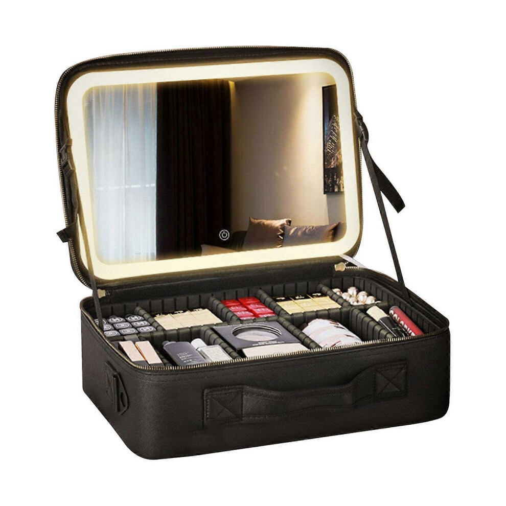 Kikidex Blue (Atmosphere Black, One Size) Makeup Bag With Light Up Led Mirror Portable Travel Cosmetic Train Case For Women