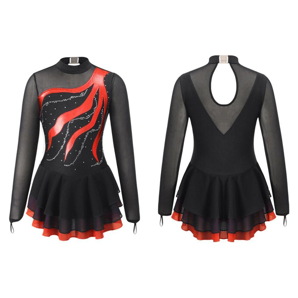 (red, 13-14 Years) Kids Girls Long Sleeve Rhinestone Decorated Hollow Back Dance Dress Girls&apos; Figure Ice Skating Leotard Dress