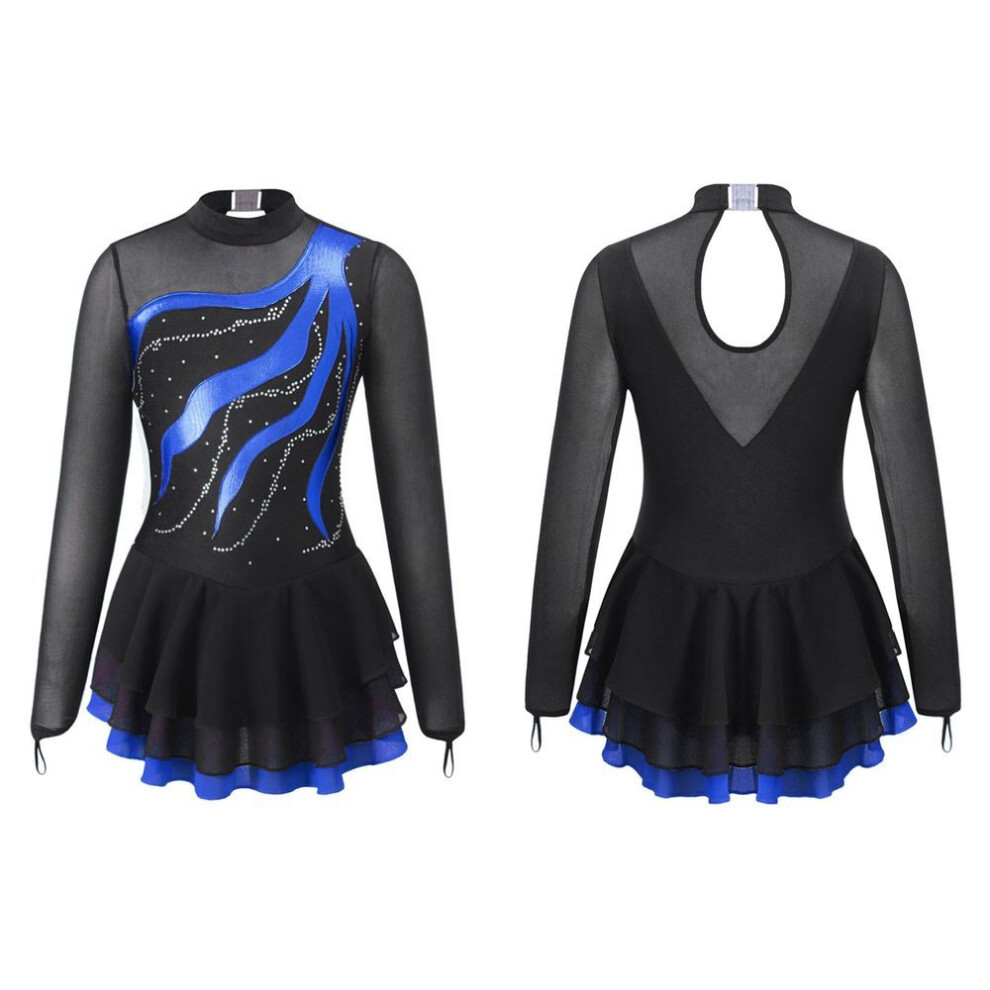 (royal blue, 13-14 Years) Kids Girls Long Sleeve Rhinestone Decorated Hollow Back Dance Dress Girls&apos; Figure Ice Skating Leotard Dress