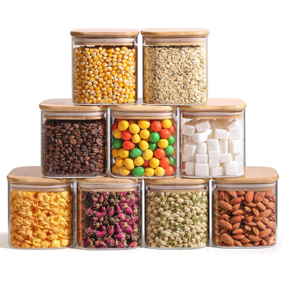 (Square/700ml*9) Clear Glass Storage Containers with Bamboo Lids, Pantry Organization Jar, Spice, Tea, Coffee and Sugar Container, Small Canister Set for Kitchen