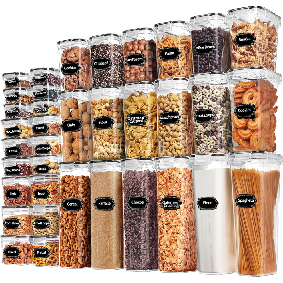 Kitchen Pantry Organization and Storage, BPA Free, Plastic Kitchen Storage Containers with Lids for Flour, Sugar, and Cereal, Labels & Marker