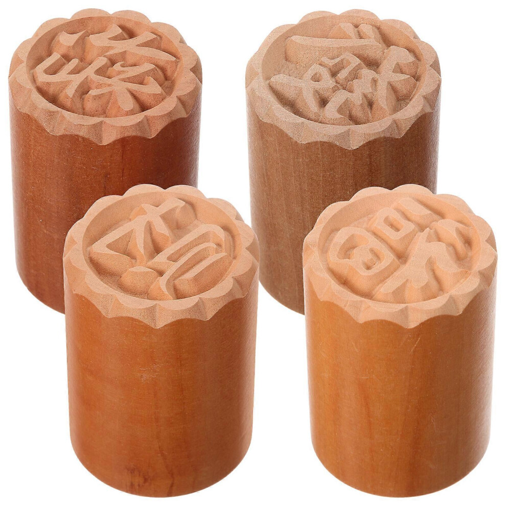Kricely (As Show, One Size) 4Pcs Wood Cake Pattern Stamper Dessert Baking Stamp Traditional Mooncake Decor