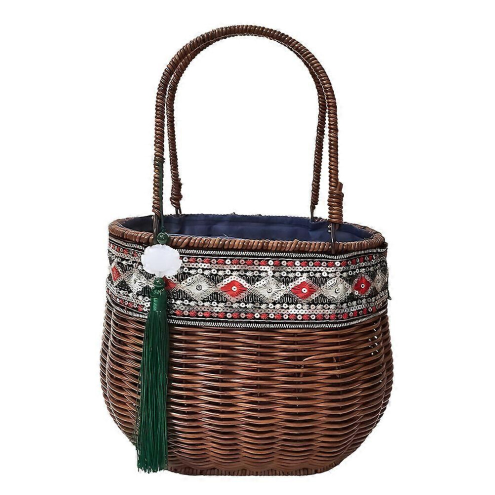 Kricely (As Show, One Size) Woven Handbag Basket Ethnic Style Hand Woven Tote Bag Grocery Shopping Bag With Handle