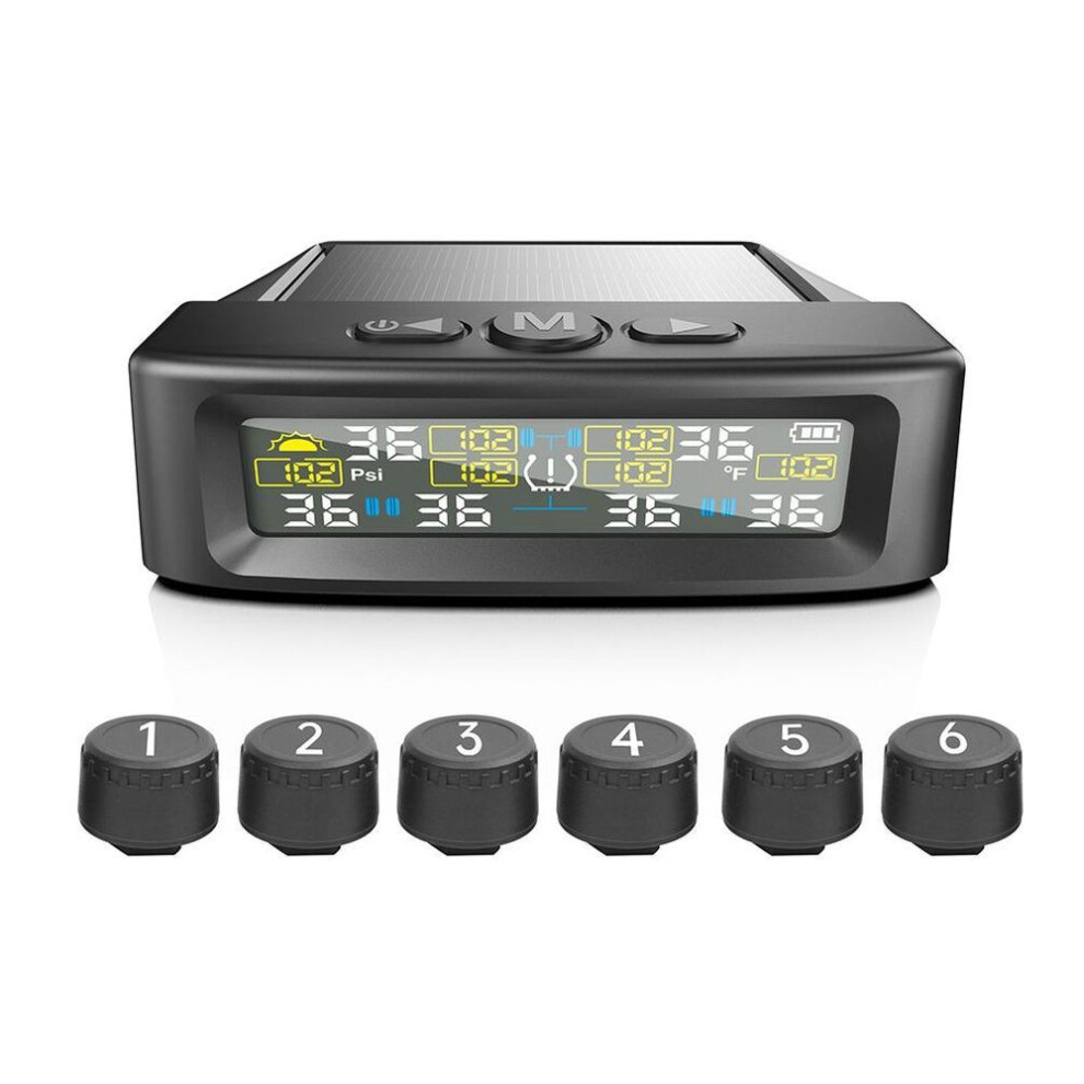 (T12) Solar Tpms Car Tire Pressure Alarm With 6 External Sensors Waterproof Digital Tyre Pressure Temperature Warning For Truck Rv Van Tractor