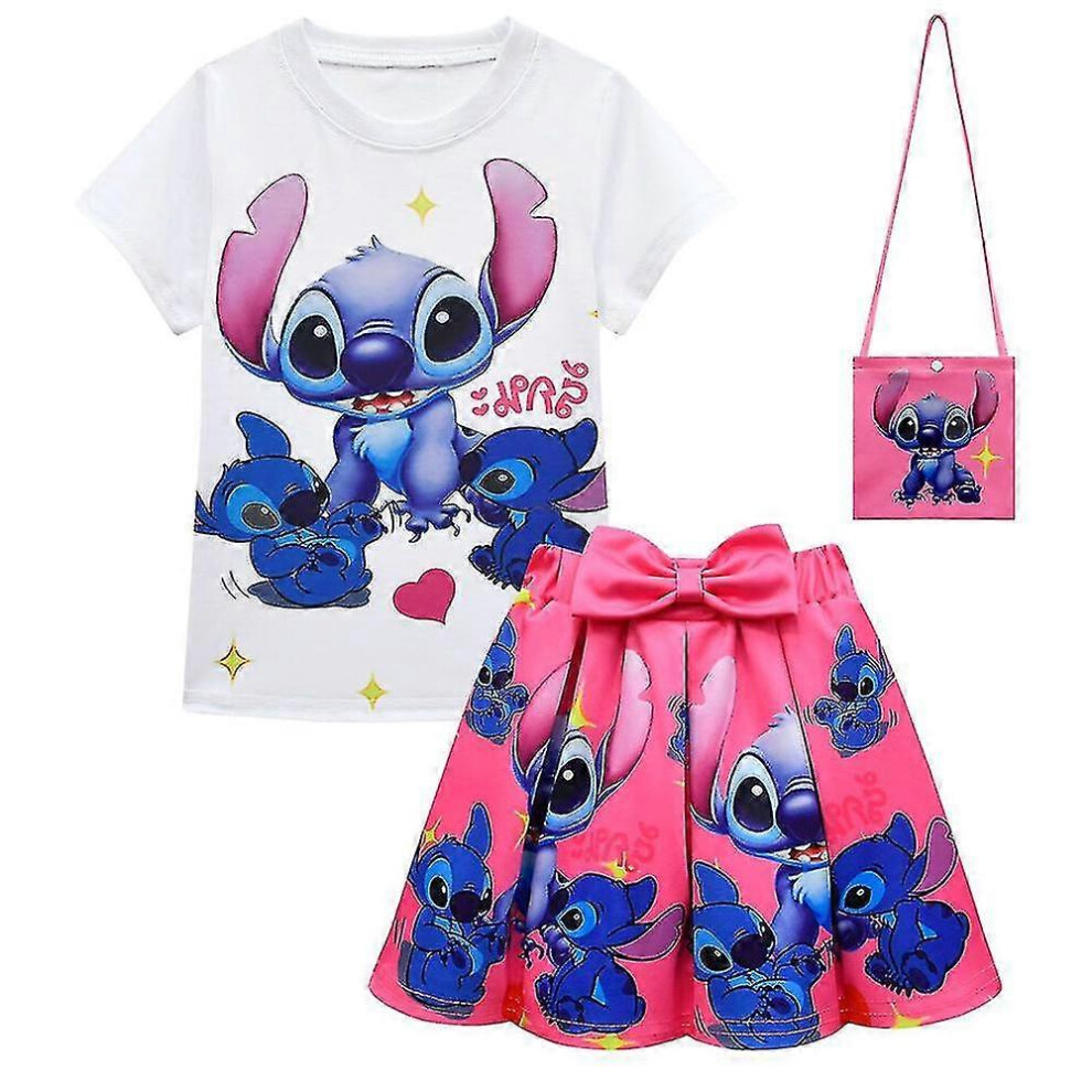 (6-7 Years, Rose Red) Kids Girls Lilo and Stitch T-Shirt+Pleated Skirts+Bags Outfit Set Party Dress-image-OPC-PG75Y6G-NEW