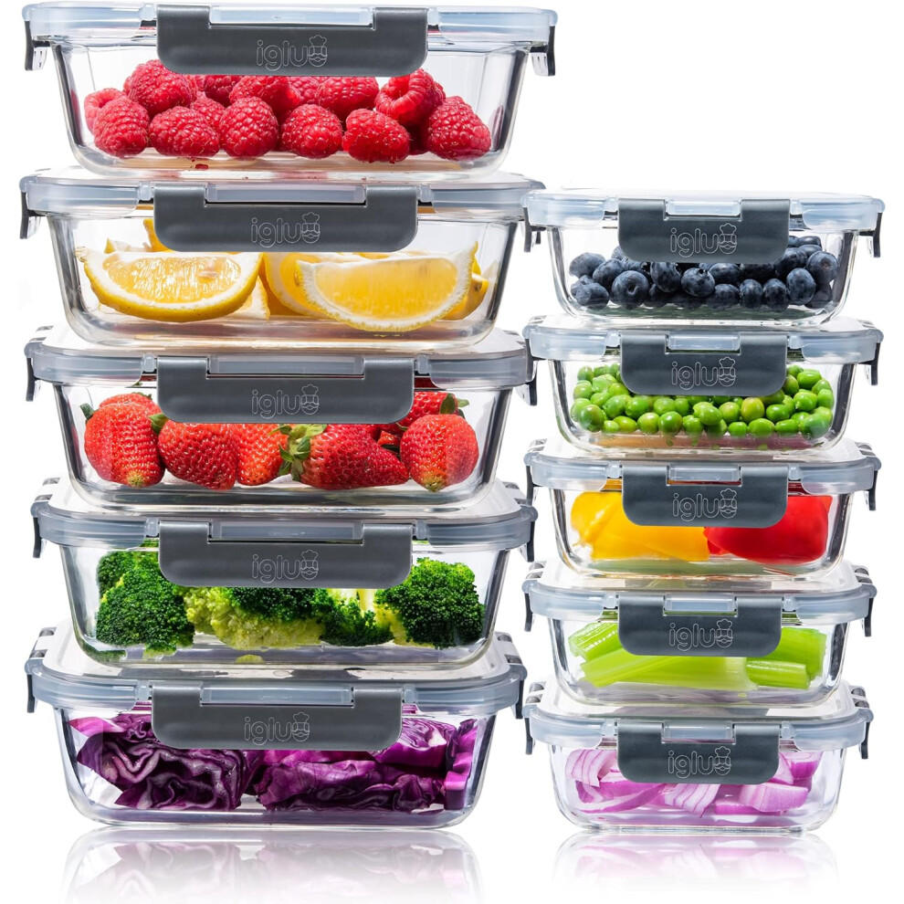 (Rectangle) Meal Prep Glass Food Storage Containers 10 Pack, Meal Prep Containers with Snap Lock Leak Proof Lids