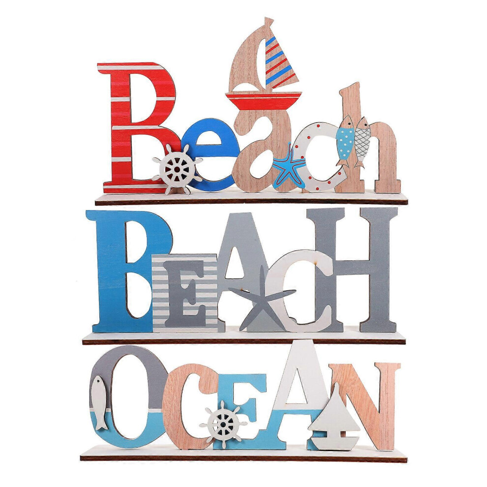 Kricely (As Show, One Size) 3Pcs Wooden Ocean Table Sign Decorations Shelves Wooden Signs Beach Theme Letter Plaque