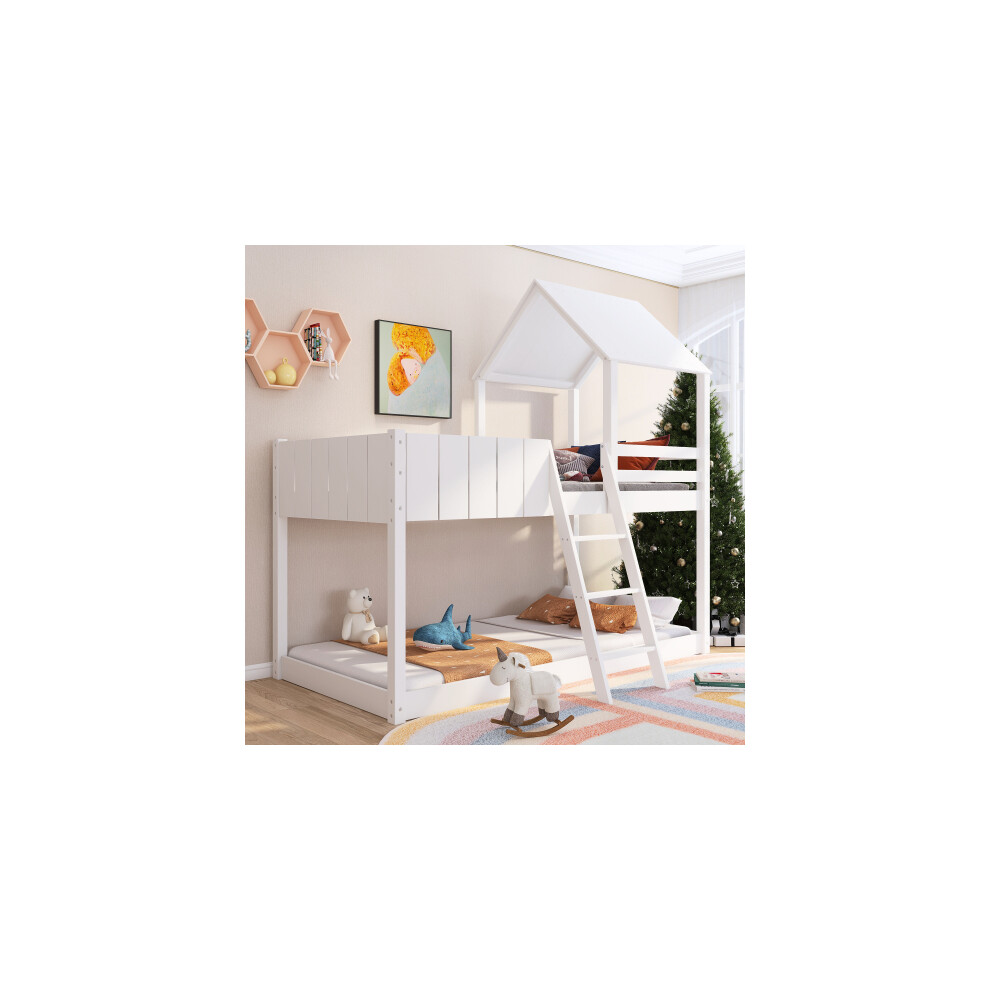 3 FT Single Treehouse Canopy，Wooden Bunk Bed, Loft Bed with Ladder and Guard Rail (White-90*190 cm Mattress Not Included)
