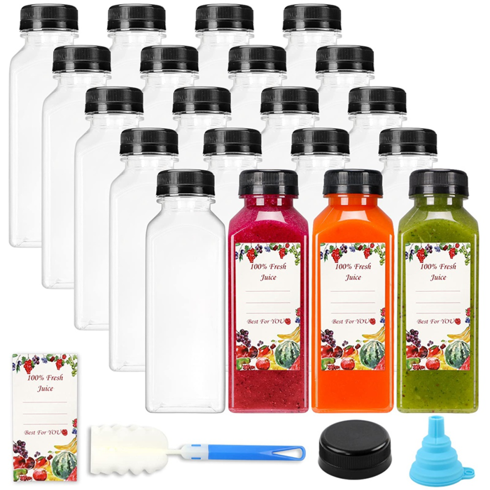 20Pcs 12oz Empty Plastic Juice Bottles with Caps,Reusable Water Bottles, Clear Containers Black Tamper Evident Lids