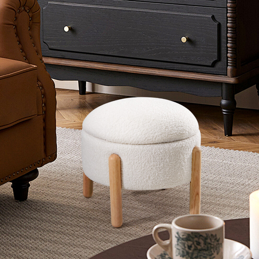 Beige Upholstered Round Storage Ottoman Foot Rest